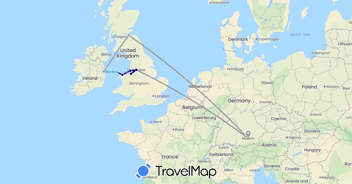 TravelMap itinerary: driving, plane, boat in Germany, United Kingdom, Ireland (Europe)